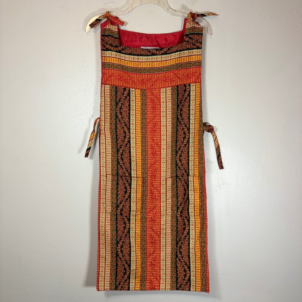 Vintage Kathy Manning Red Tapestry Woven Apron Dress Tie Shoulder Grandmacore